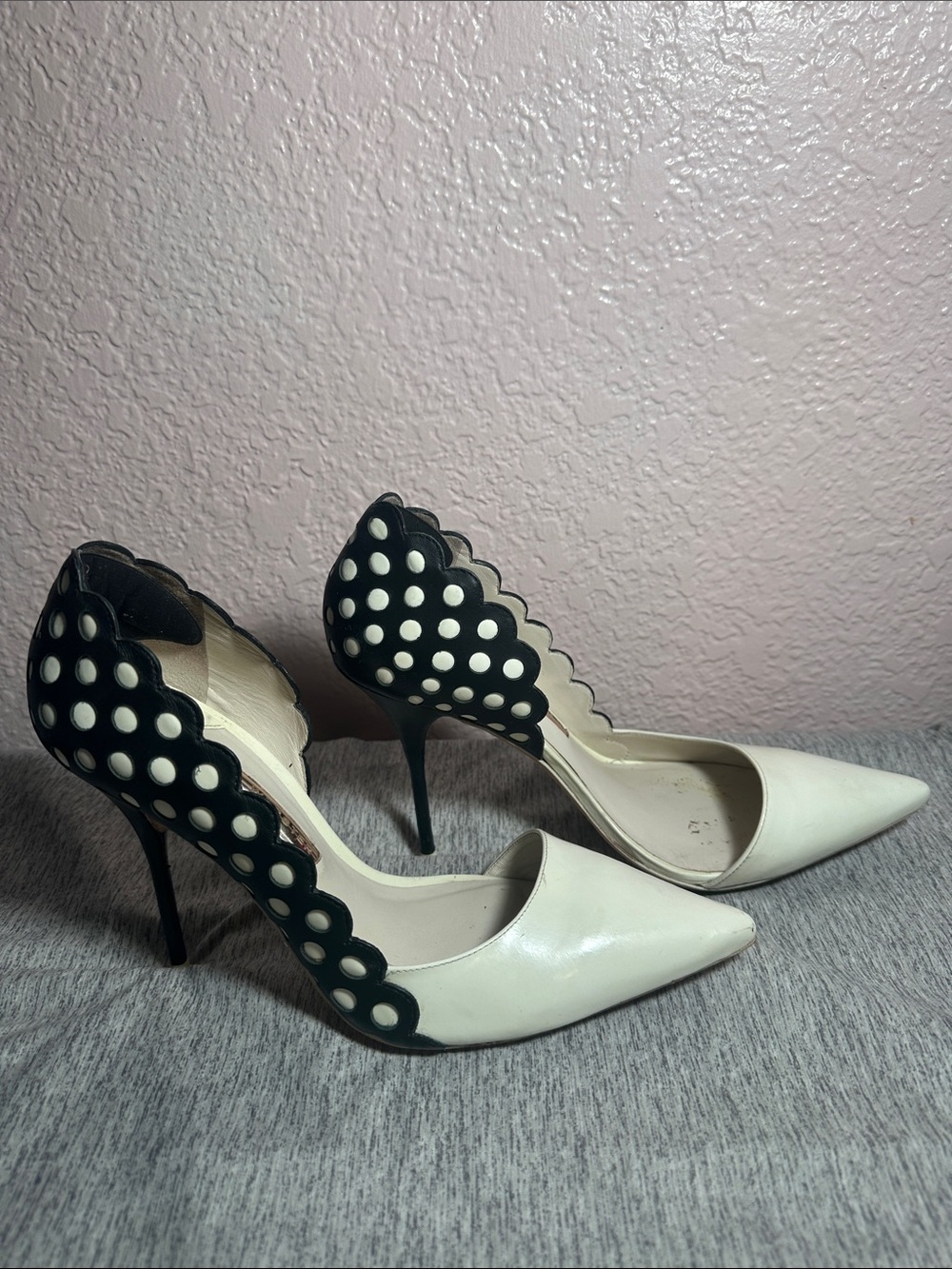 Sophia Webster White and Black Polka Dot Scalloped Pointed-Toe Heels